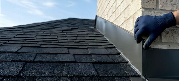 New flashing metal dry-fitted along the brick line